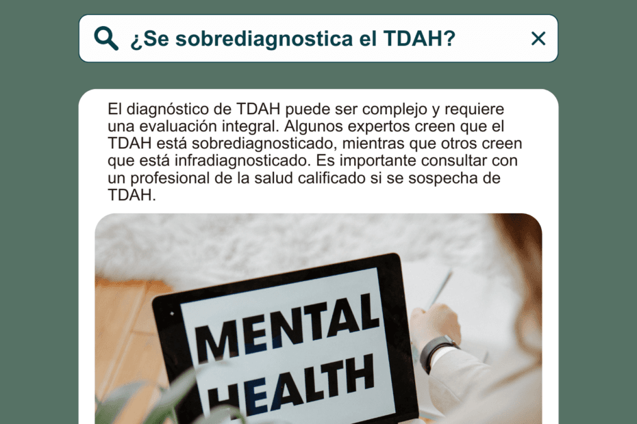 Pantalla de una tableta con el texto “Mental Health” y una persona tomando notas en el fondo.