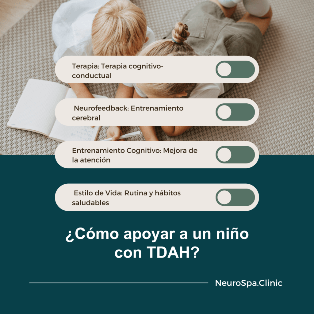 Dos niños pequeños leyendo juntos en el suelo, con gráficos que describen diferentes estrategias de apoyo para niños con TDAH.
