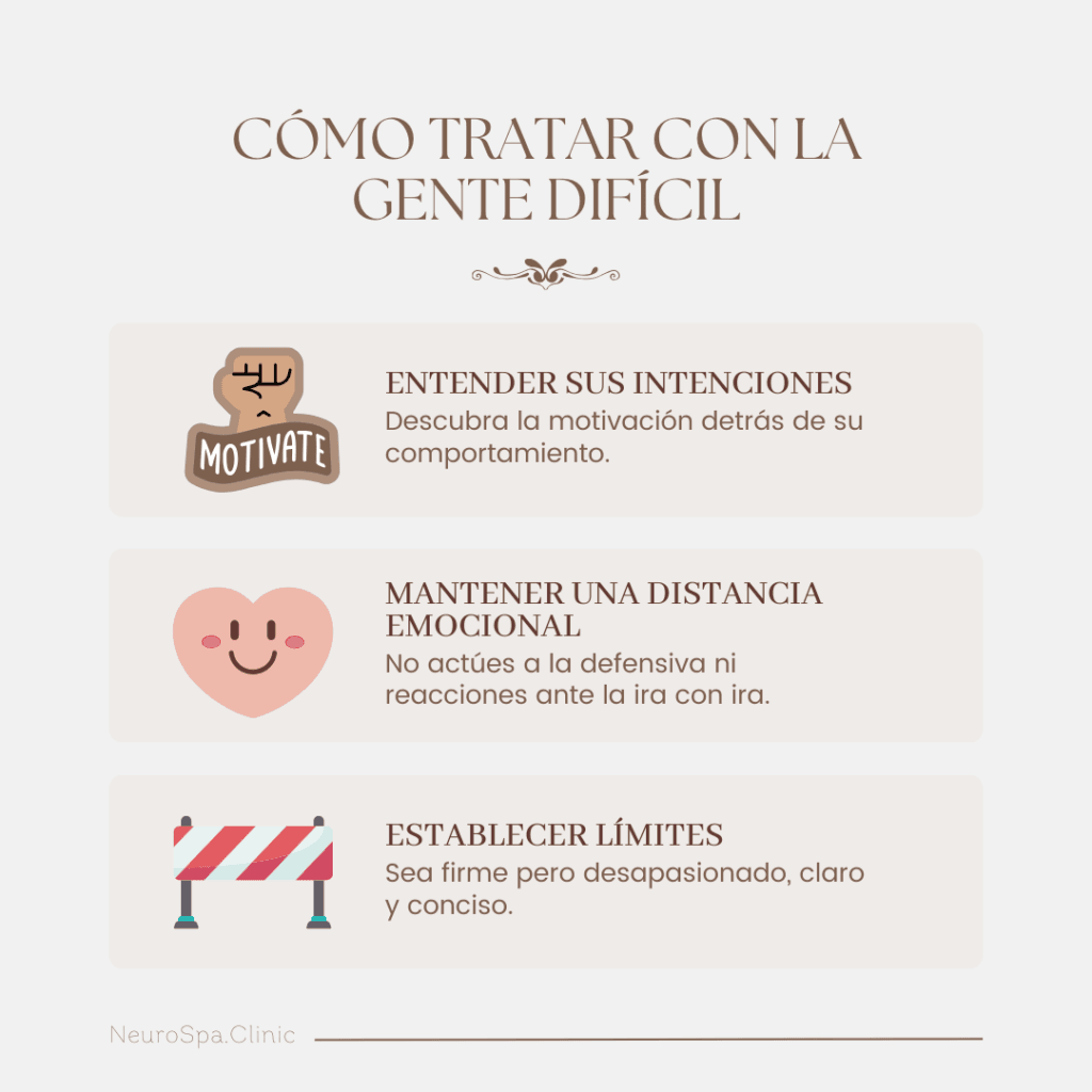 Ilustración con consejos sobre cómo tratar con personas difíciles, incluyendo entender sus intenciones, mantener una distancia emocional y establecer límites.