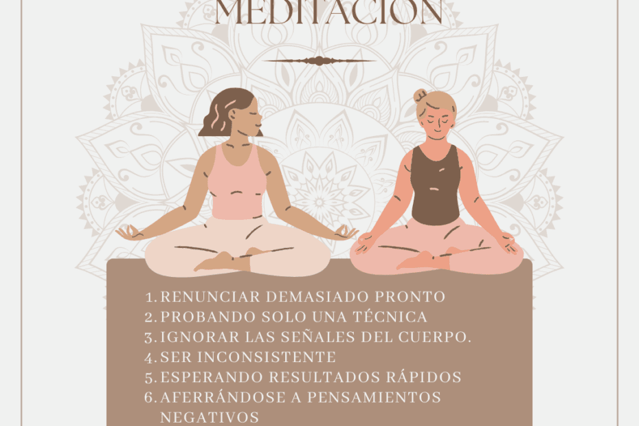 Ilustración de dos personas meditando, con una lista de seis errores comunes en la meditación y cómo evitarlos.