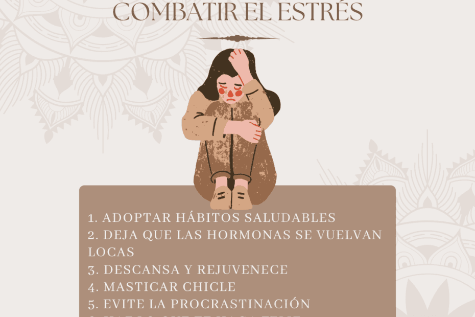 Ilustración con seis consejos para combatir el estrés, incluyendo adoptar hábitos saludables, descansar bien y evitar la procrastinación.