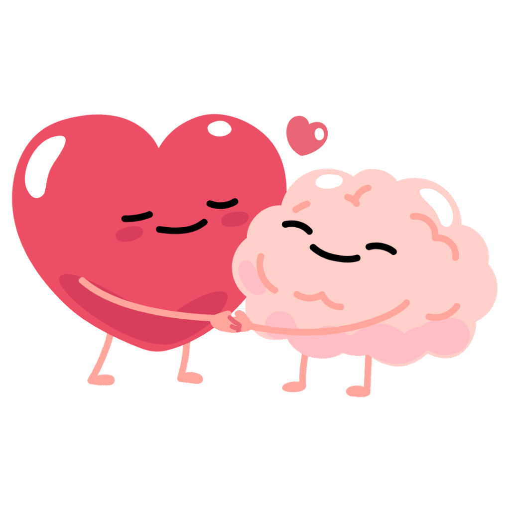 Corazón y cerebro caricaturescos abrazándose con una expresión de paz y cariño.