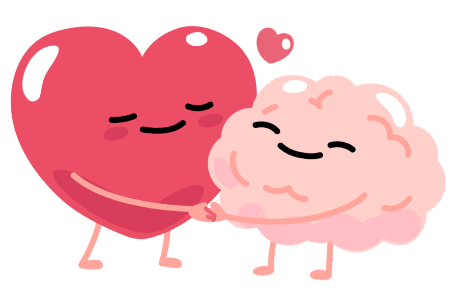 Corazón y cerebro caricaturescos abrazándose con una expresión de paz y cariño.