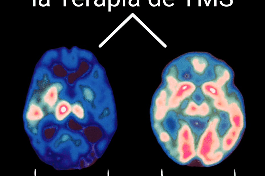 Imagen comparativa del cerebro antes y después de la Terapia de TMS. A la izquierda, el cerebro muestra actividad reducida asociada con depresión. A la derecha, el cerebro después de TMS presenta mayor activación, indicando un estado normal.