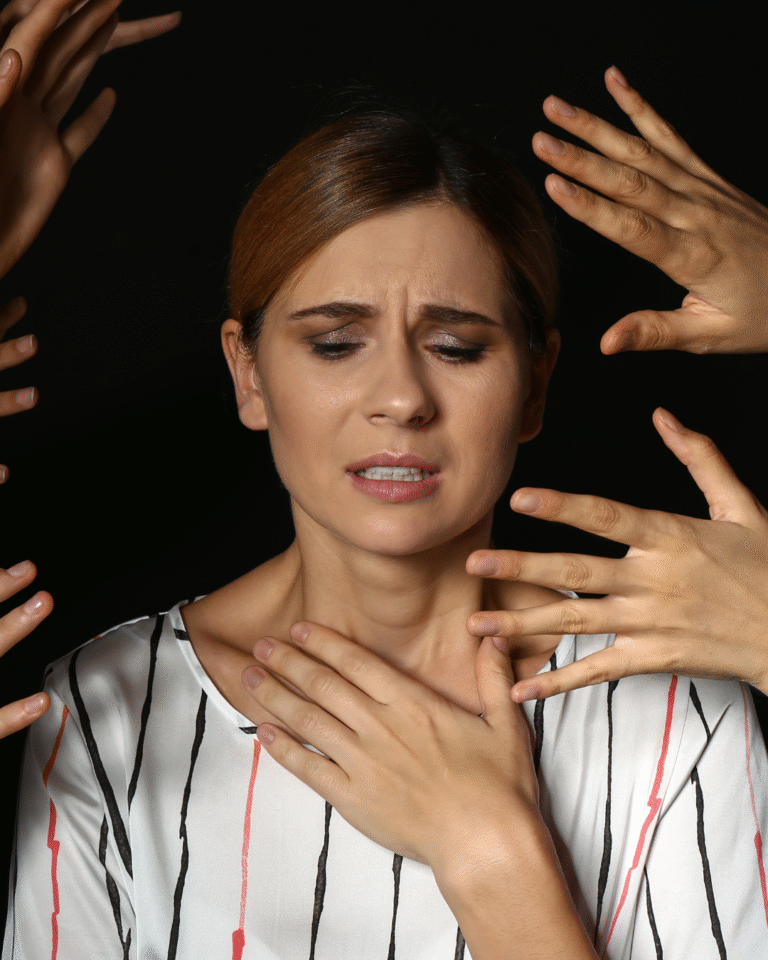 Mujer con ataque de ansiedad rodeada de manos