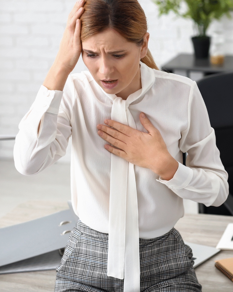Mujer tocándose el pecho con expresión de ansiedad
