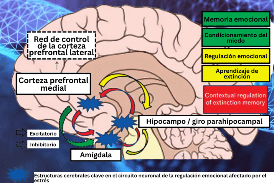 Diagrama cerebral que muestra las interacciones entre la amígdala, la corteza prefrontal medial y lateral, y el hipocampo en la regulación emocional, con flechas que indican conexiones excitatorias e inhibitorias relacionadas con el estrés y los trastornos de ansiedad.