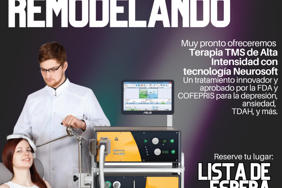 Profesional de salud aplica terapia TMS con equipo Neurosoft a paciente mientras se anuncia que NeuroSpa está en remodelación en Cd. Juárez.