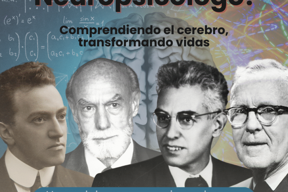 Imagen conmemorativa del Día del Neuropsicólogo mostrando a pioneros históricos de la neuropsicología frente a un fondo cerebral y fórmulas matemáticas.