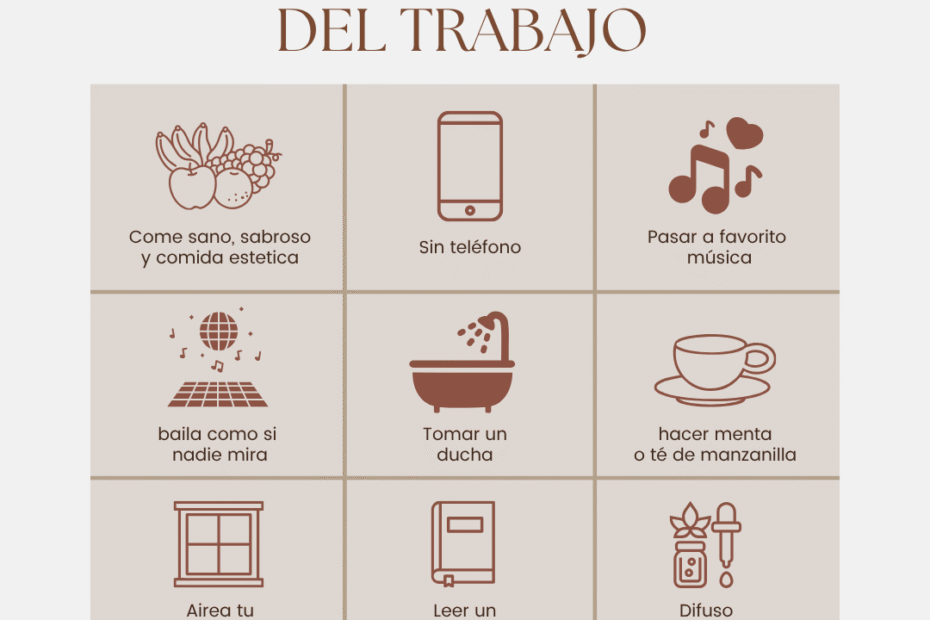Recuadro con 9 tips sencillos para liberar estrés después del trabajo.