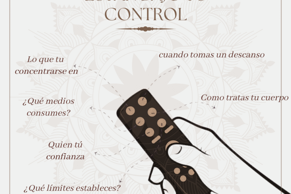 Ilustración de un control remoto con frases sobre lo que está bajo tu control: en qué te concentras, qué medios consumes, cuándo descansas, cómo tratas tu cuerpo, en quién confías y qué límites estableces.
