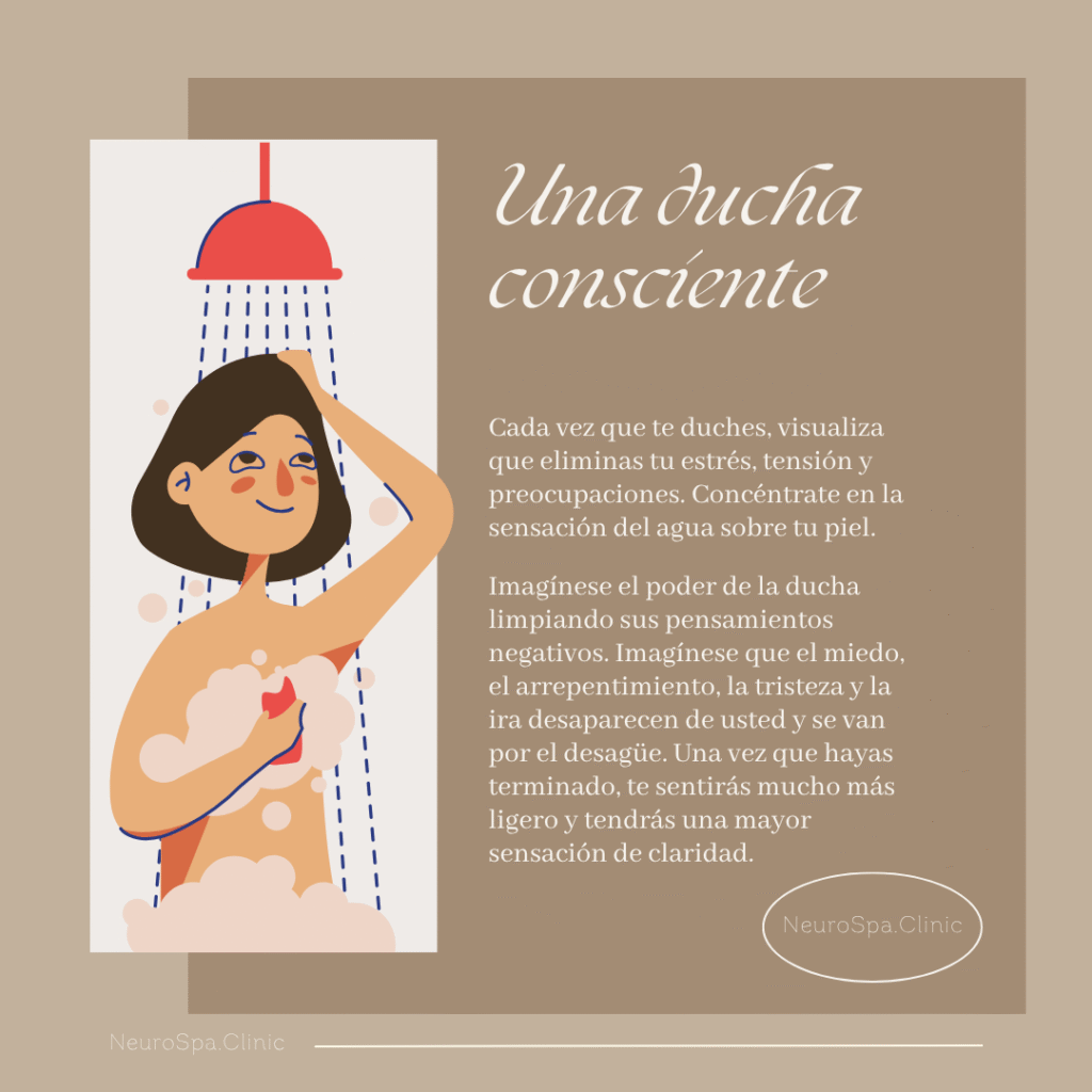 Ilustración de una mujer tomando una ducha consciente, visualizando cómo el agua limpia el estrés, la tensión y las preocupaciones, con texto que invita a concentrarse en la sensación del agua sobre la piel.