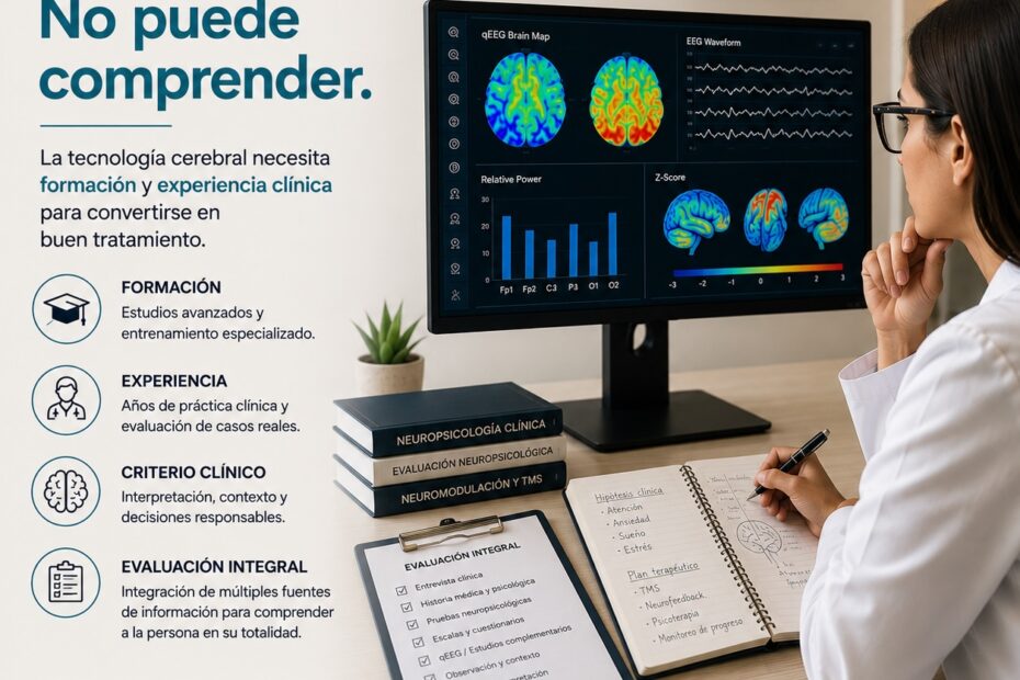 Profesional clínica analizando datos de mapeo cerebral en una pantalla, junto a elementos de evaluación integral, con el mensaje de que la tecnología necesita formación y experiencia clínica para convertirse en buen tratamiento.