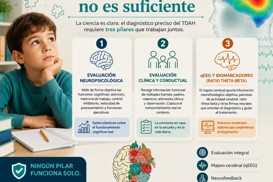 Infografía de NeuroSpa Clinic sobre la evaluación integral del TDAH, explicando que un solo examen no es suficiente y que el diagnóstico debe combinar evaluación neuropsicológica, evaluación clínica y conductual, y qEEG.