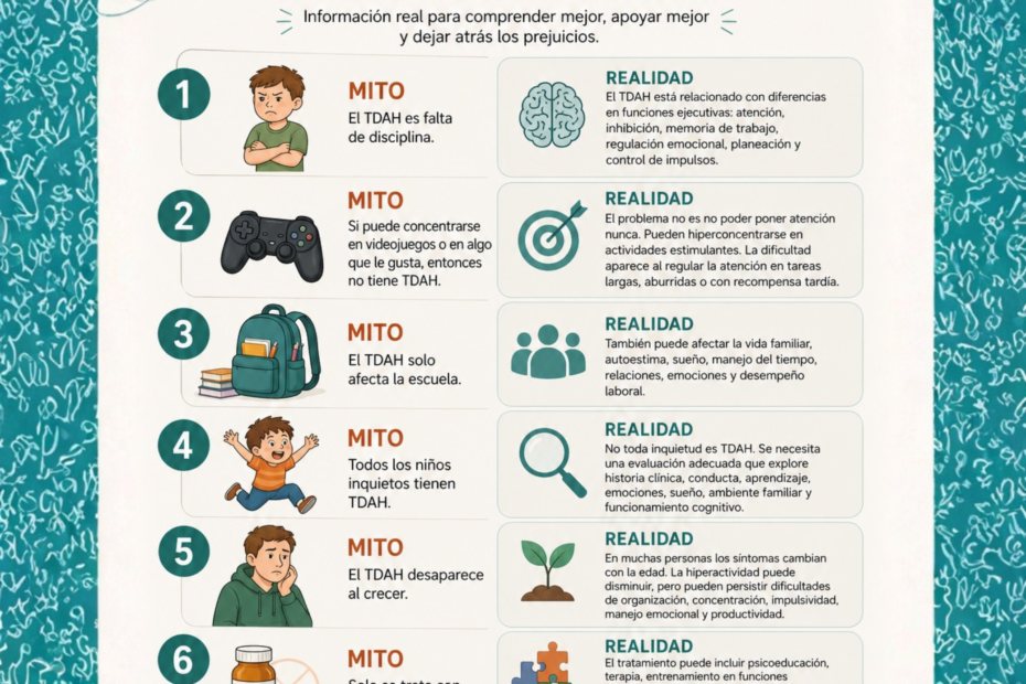 Infografía con 6 mitos y realidades sobre el TDAH, elaborada por NeuroSpa Clinic, Centro Psicológico y Neurociencia en Ciudad Juárez