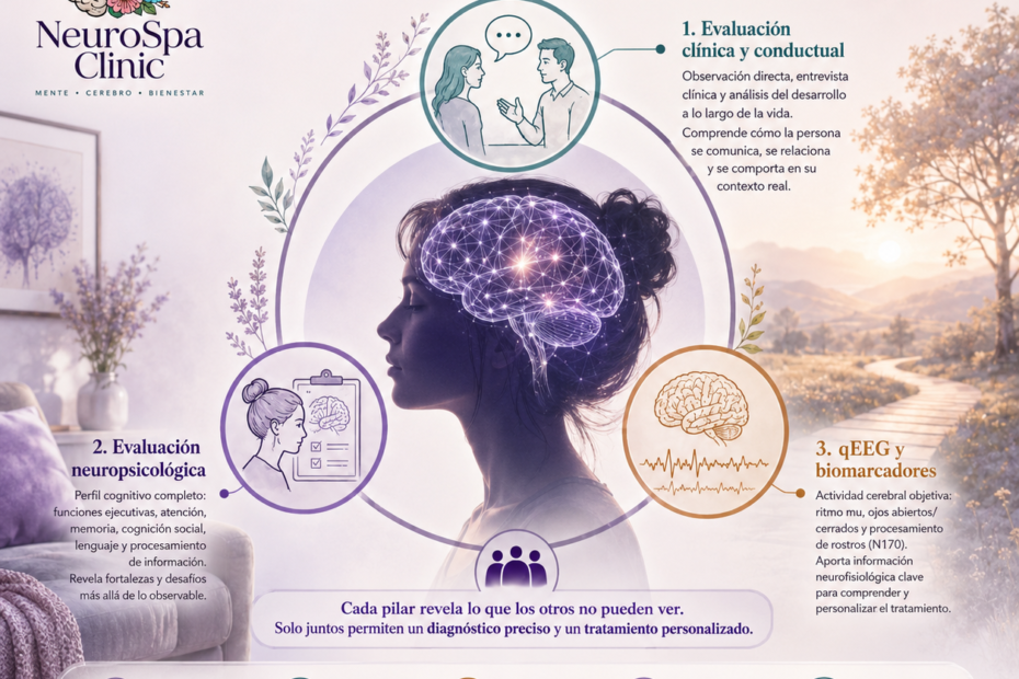 Infografía de NeuroSpa Clinic sobre evaluación integral del autismo en adultos, mostrando tres pilares: evaluación clínica y conductual, evaluación neuropsicológica y qEEG con biomarcadores.