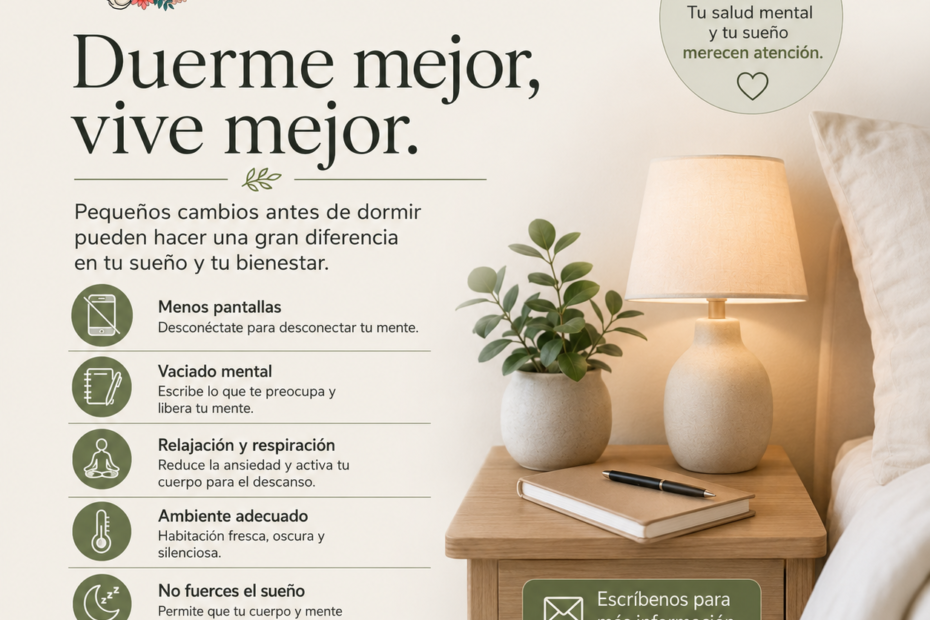 Imagen promocional de NeuroSpa Clinic sobre sueño y ansiedad. Muestra una habitación tranquila con lámpara, libreta y cama, junto a recomendaciones para dormir mejor: menos pantallas, vaciado mental, relajación, respiración y ambiente adecuado.