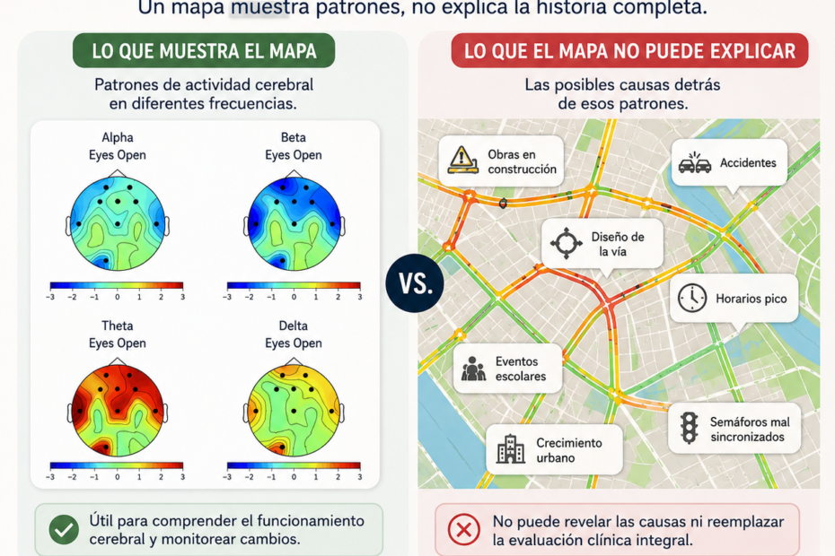 Infografía sobre mapeo cerebral qEEG que compara mapas de actividad cerebral con un mapa de tráfico para explicar que muestra patrones, pero no determina por sí solo las causas ni reemplaza una evaluación clínica integral.