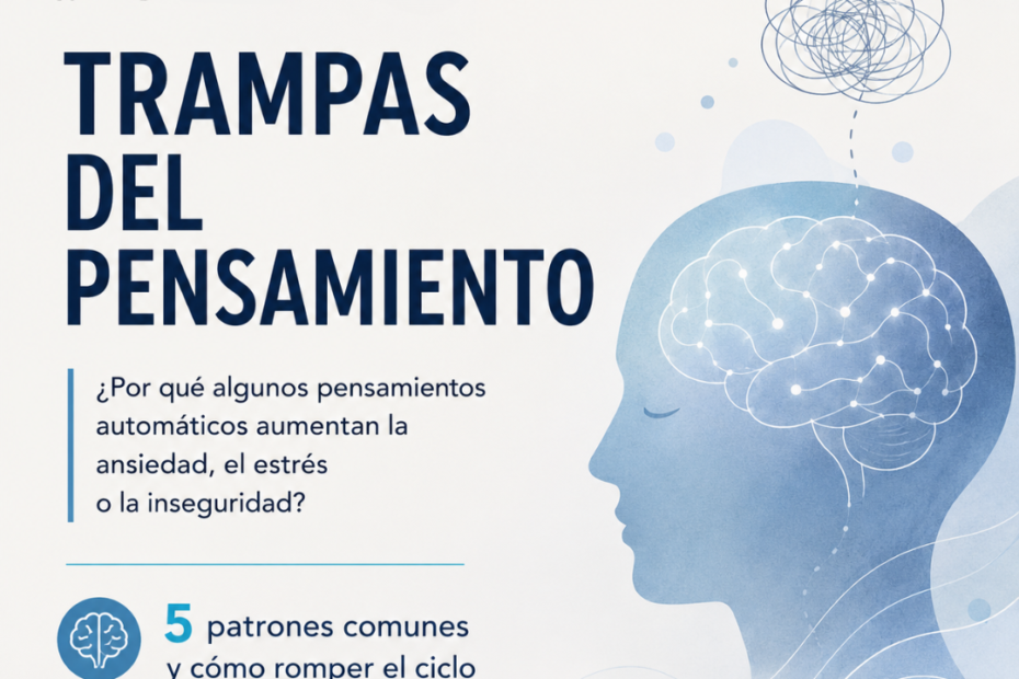 Ilustración de una persona con cerebro y pensamientos enredados junto al título “Trampas del pensamiento” y cinco patrones comunes.