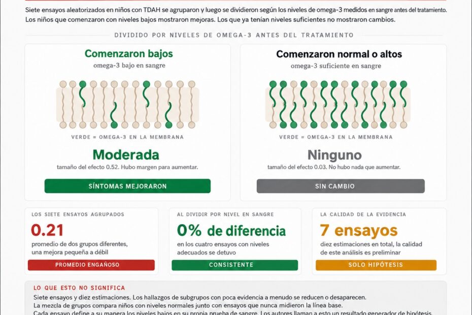 Infografía sobre omega-3 y TDAH infantil que compara la respuesta a la suplementación en niños con niveles bajos y normales de omega-3.