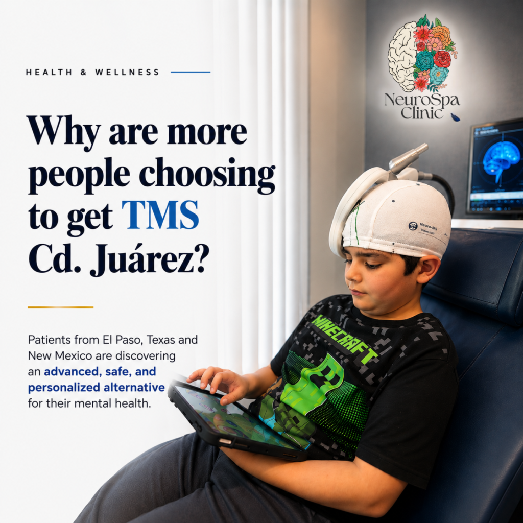 Young patient comfortably receiving transcranial magnetic stimulation (TMS) at NeuroSpa Clinic in Ciudad Juárez while using a tablet during treatment. The image highlights advanced, personalized mental health care for patients from El Paso, Texas, New Mexico, and northern Mexico.