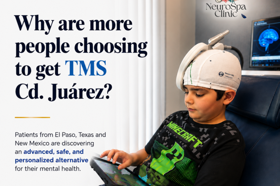 Young patient comfortably receiving transcranial magnetic stimulation (TMS) at NeuroSpa Clinic in Ciudad Juárez while using a tablet during treatment. The image highlights advanced, personalized mental health care for patients from El Paso, Texas, New Mexico, and northern Mexico.