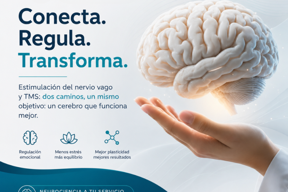Ilustración de un cerebro humano sobre una mano con diseño clínico en tonos azul y turquesa de NeuroSpa.