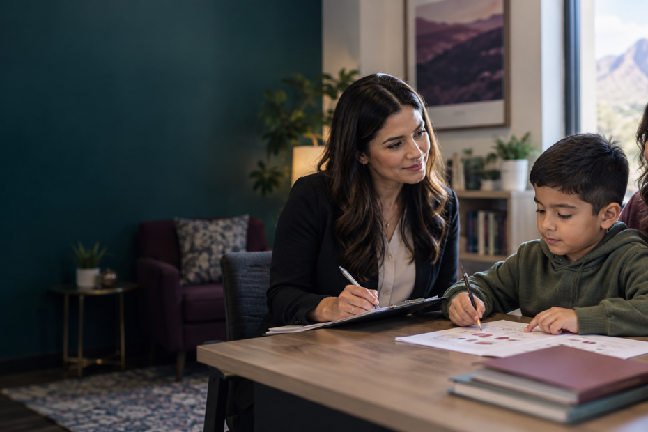 Illustrative scene of a child and parent with a psychologist during an attention evaluation
