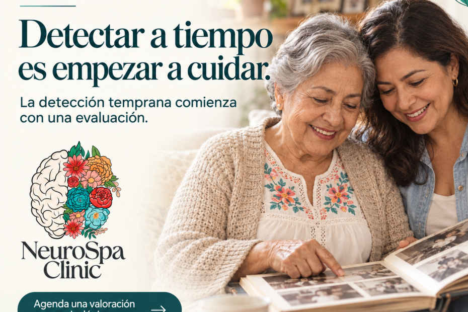 Dos mujeres revisan un álbum familiar junto al mensaje "Detectar a tiempo es empezar a cuidar", en una imagen de NeuroSpa sobre el Alzheimer.