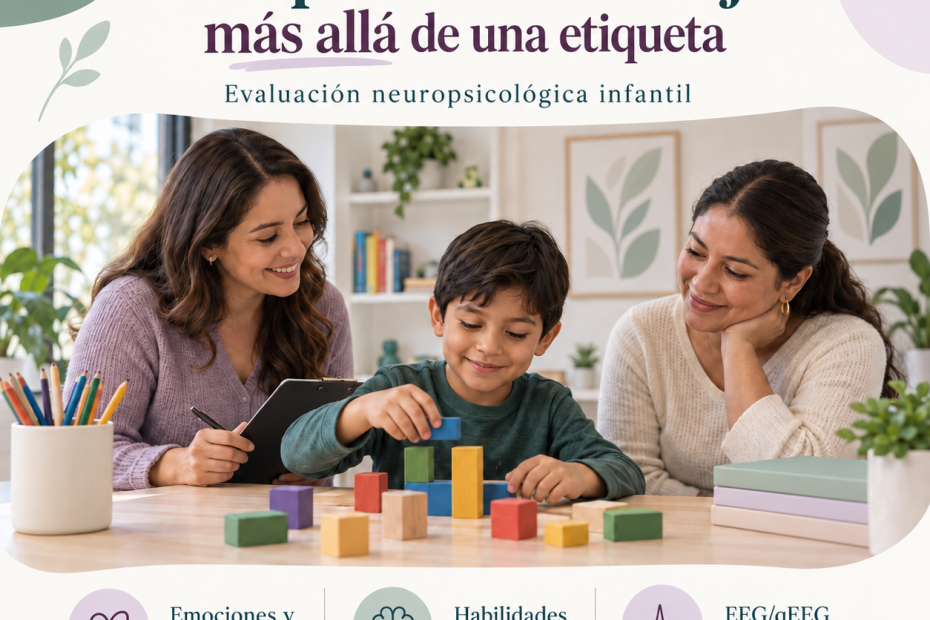 Imagen ilustrativa de un niño realizando una actividad con bloques junto a dos adultas. NeuroSpa: comprender a tu hijo más allá de una etiqueta.