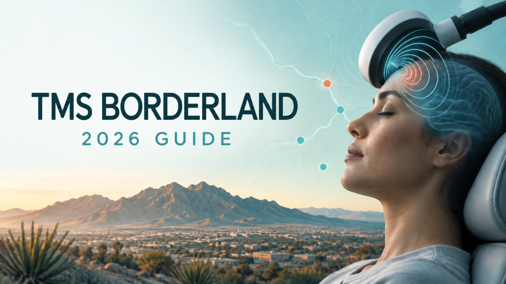 Patient receiving TMS treatment overlooking the El Paso Borderland, with text reading “TMS Borderland 2026 Guide.”