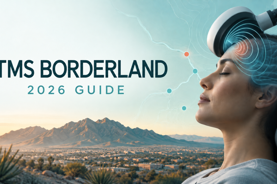 Patient receiving TMS treatment overlooking the El Paso Borderland, with text reading “TMS Borderland 2026 Guide.”