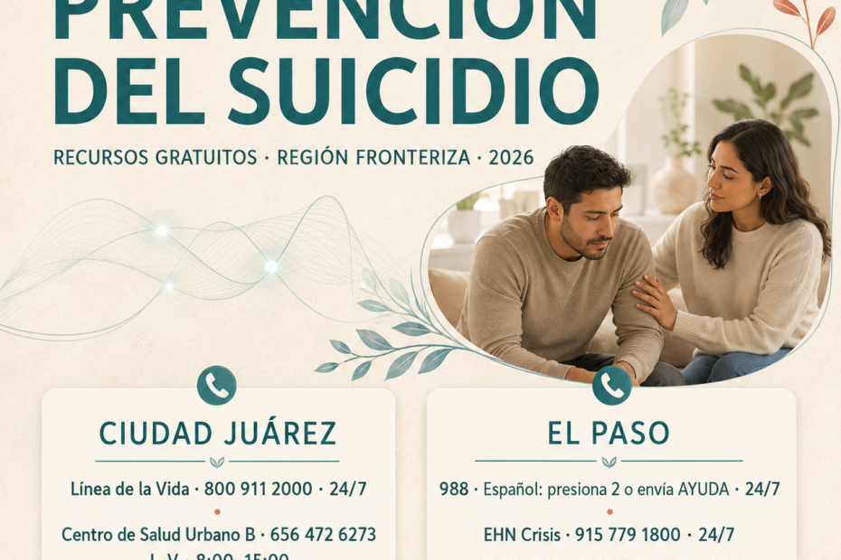 Pareja latina conversando con apoyo emocional junto a recursos gratuitos de prevención del suicidio para Ciudad Juárez y El Paso en 2026.