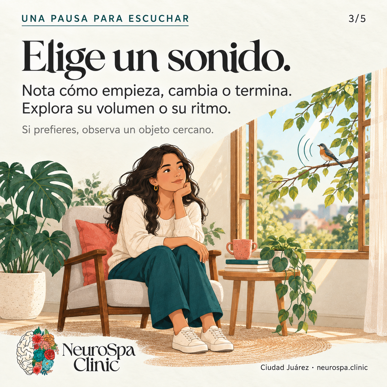 Elige un sonido y observa cómo empieza, cambia o termina; también puedes mirar un objeto.