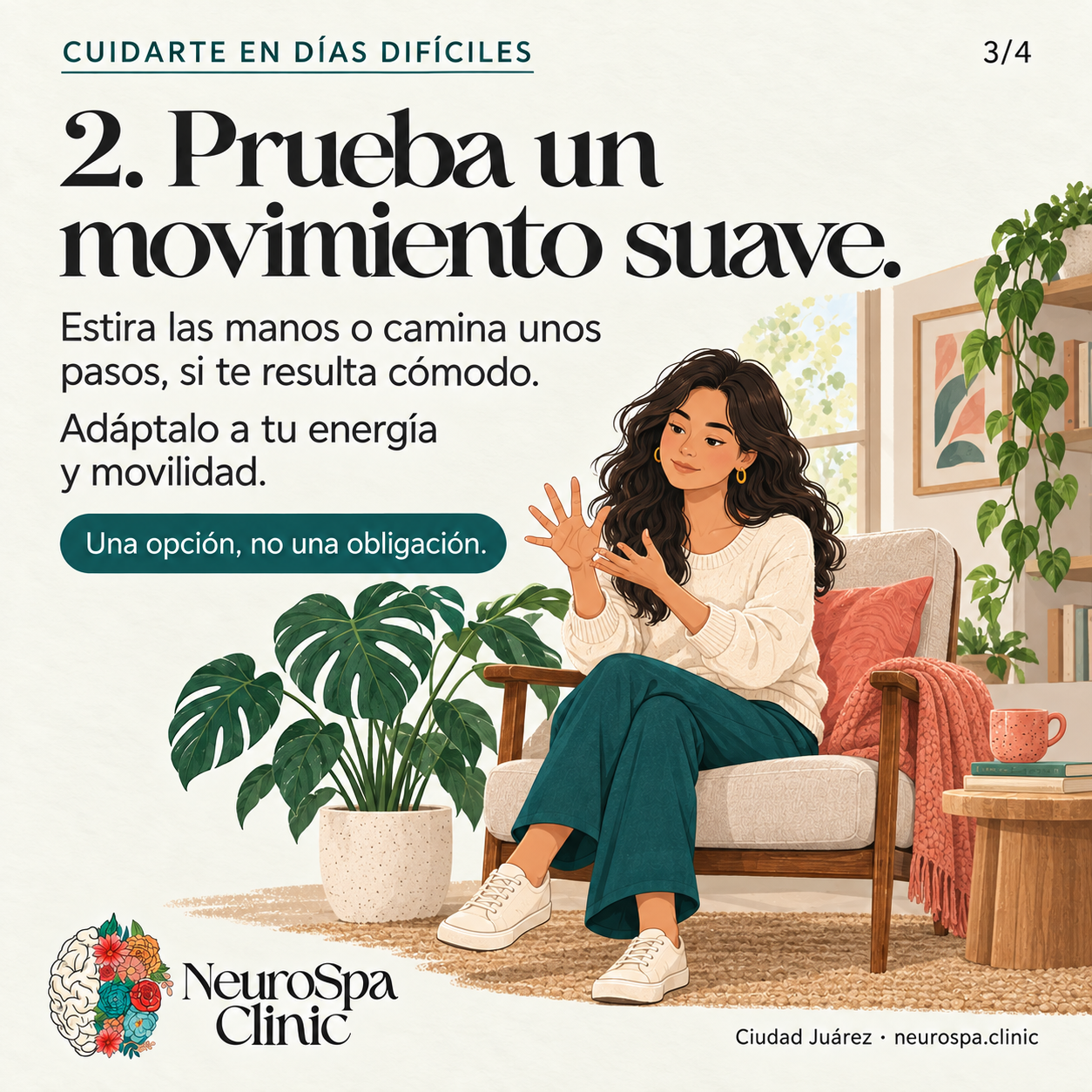 Prueba un movimiento suave adaptado a tu energía y movilidad; es una opción, no una obligación.