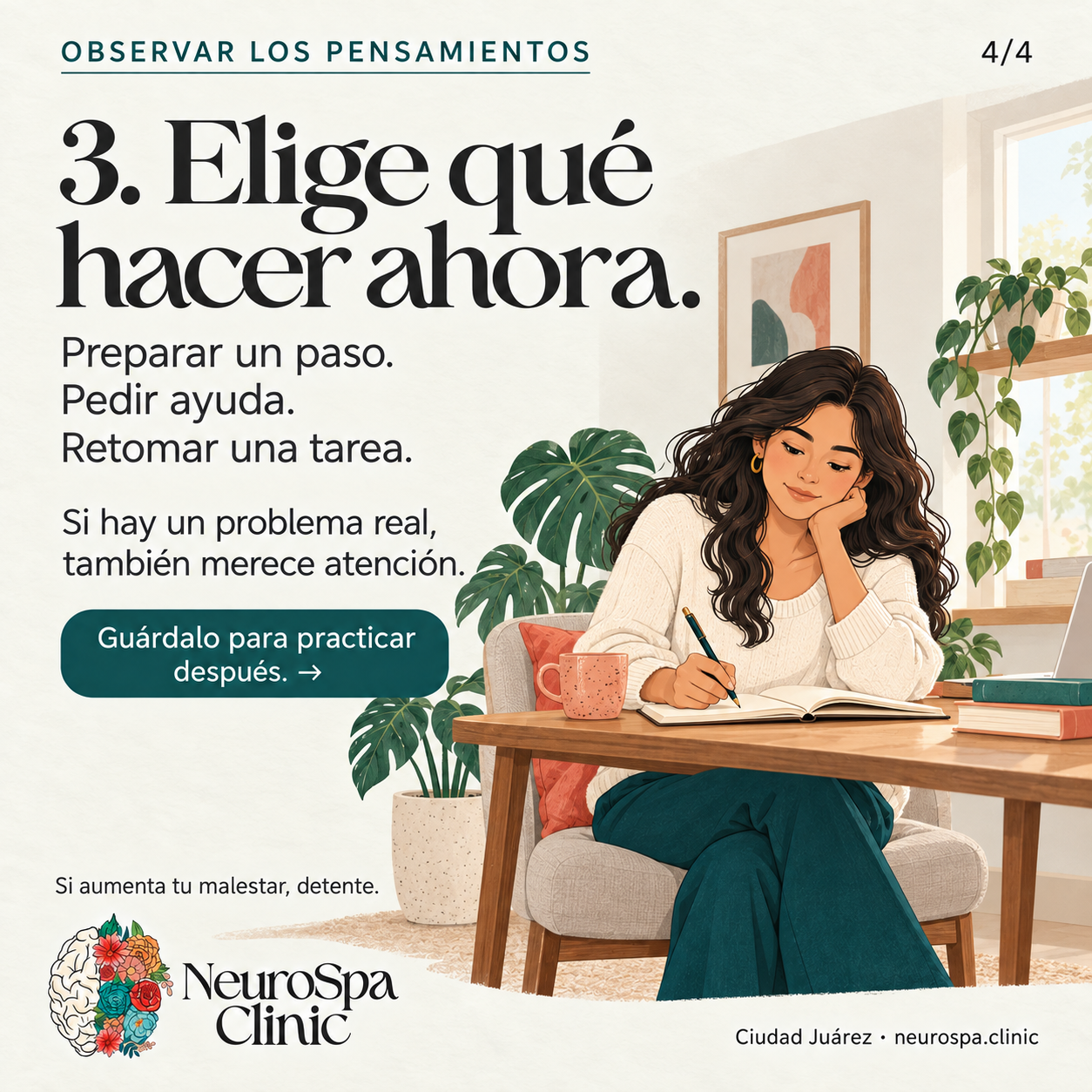 Elige qué hacer ahora: preparar un paso, pedir ayuda o retomar una tarea.