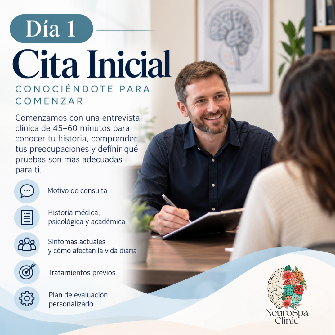 Día 1 de evaluación neuropsicológica en NeuroSpa: cita inicial y entrevista clínica