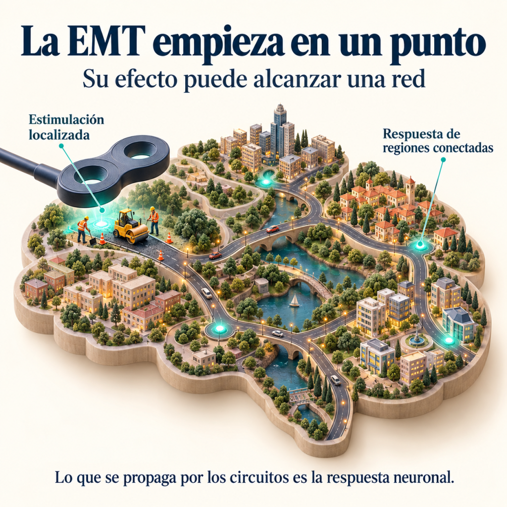 Una bobina de EMT interviene en un punto de una ciudad cerebral; luces sobre las rutas ilustran respuestas de regiones conectadas.