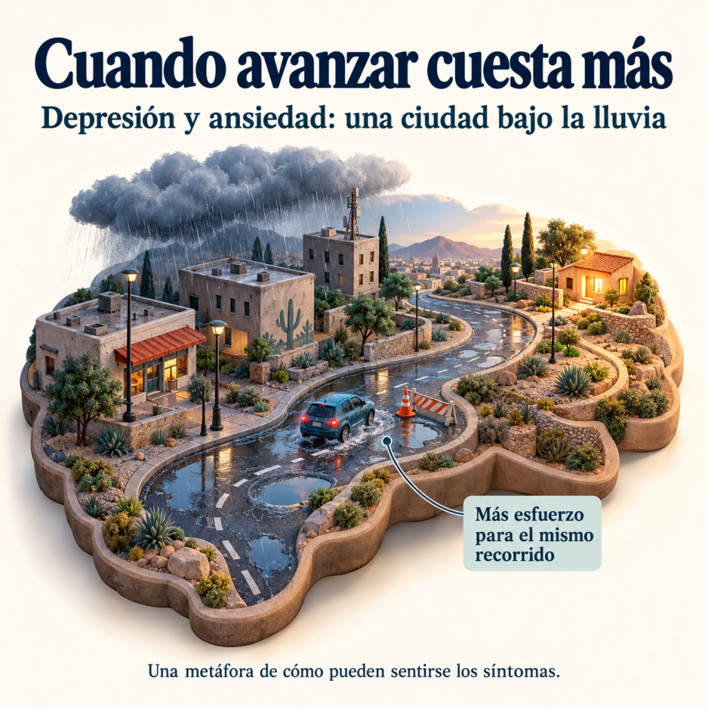 Ciudad con forma de cerebro bajo la lluvia; un automóvil avanza por una calle con charcos y baches.
