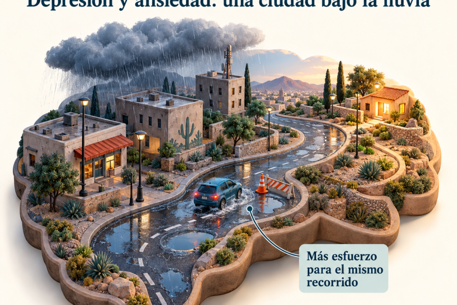 Ciudad con forma de cerebro bajo la lluvia; un automóvil avanza por una calle con charcos y baches.