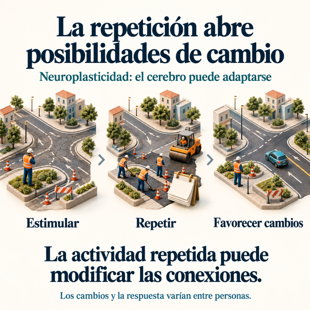 Una cuadrilla examina una calle, vuelve a trabajar y favorece cambios; metáfora de estimular, repetir y adaptarse.