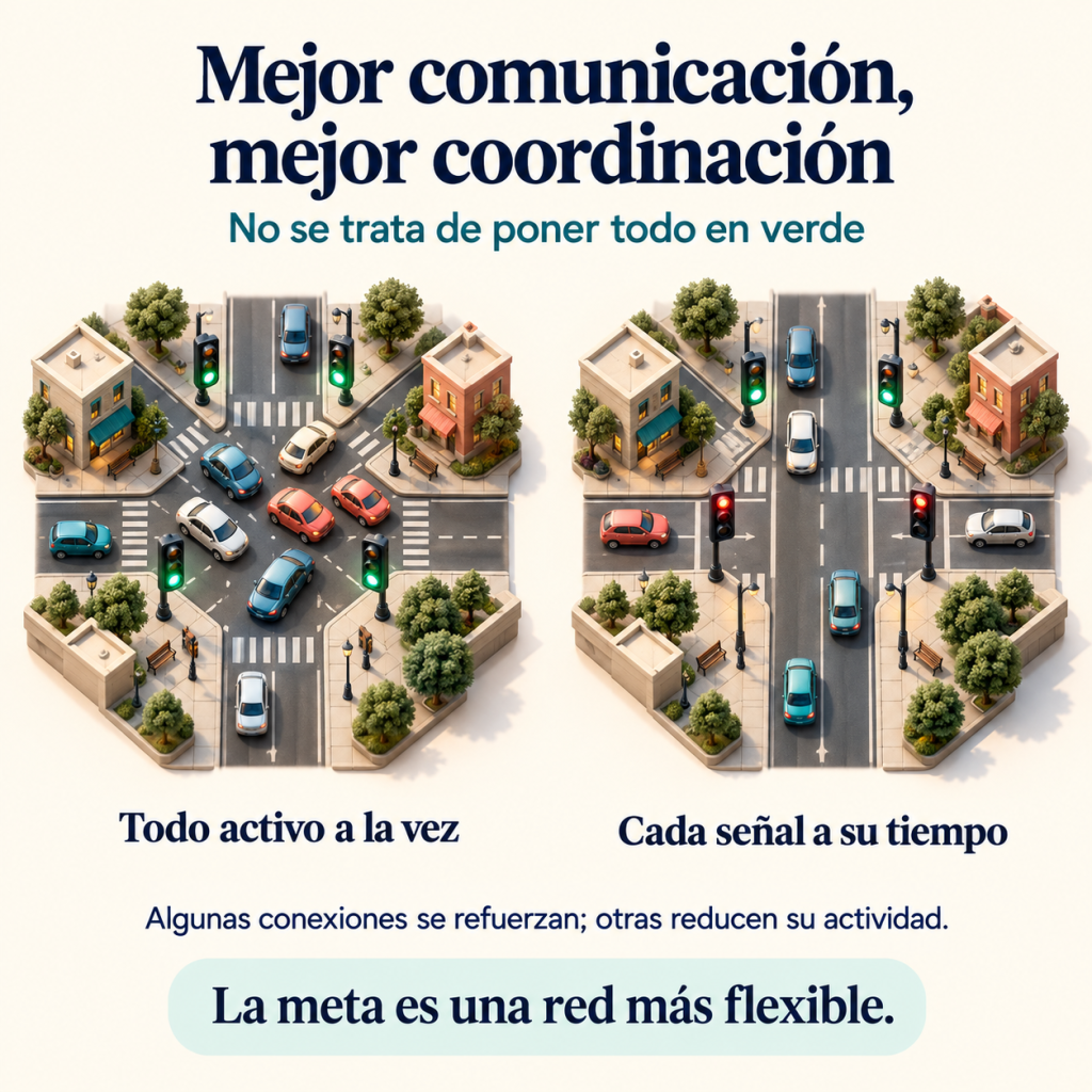 Dos cruces comparan todos los semáforos en verde con señales coordinadas que permiten una circulación ordenada.