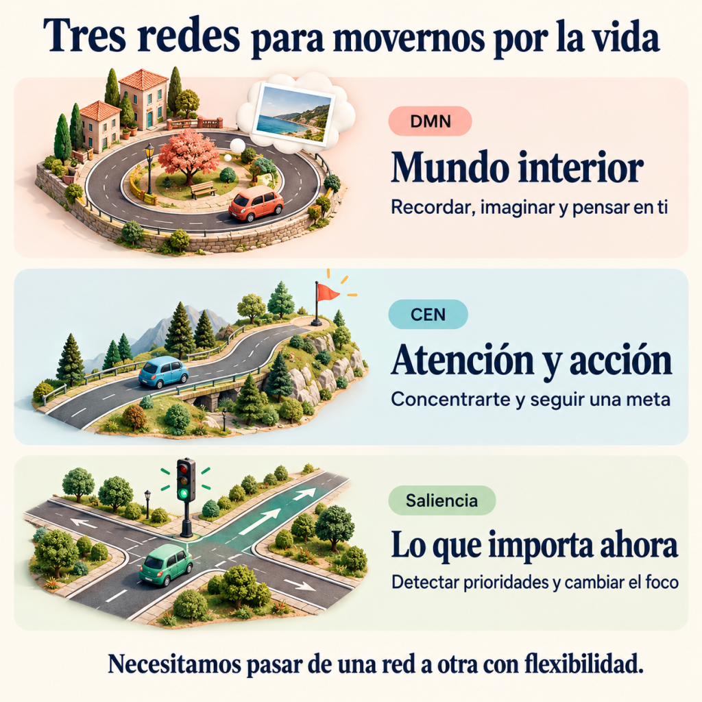Tres rutas representan el mundo interior, la atención dirigida a una meta y la selección de prioridades.
