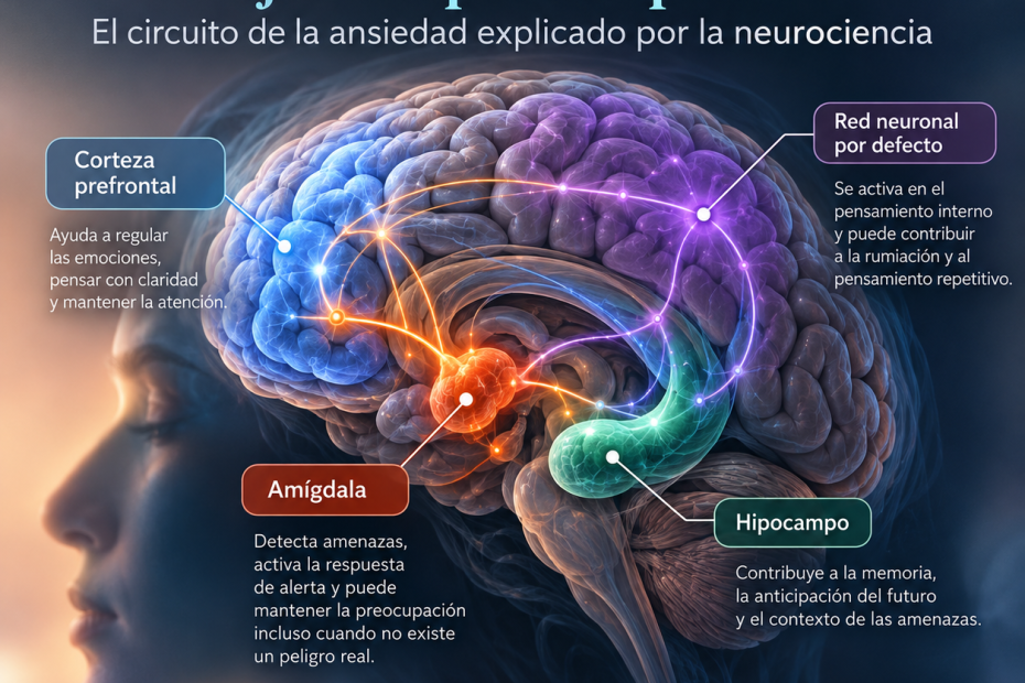 Ilustración NeuroSpa de un cerebro con corteza prefrontal, amígdala, hipocampo y red neuronal por defecto, que explica los circuitos de la ansiedad y la preocupación.