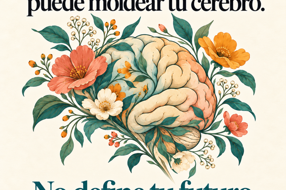 Ilustración de un cerebro rodeado de flores con un mensaje sobre estrés infantil y esperanza.