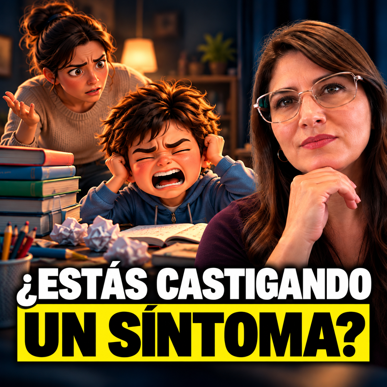 Composición con Verónica Portillo-Reyes y un niño frustrado ante sus tareas. Texto: ¿Estás castigando un síntoma?